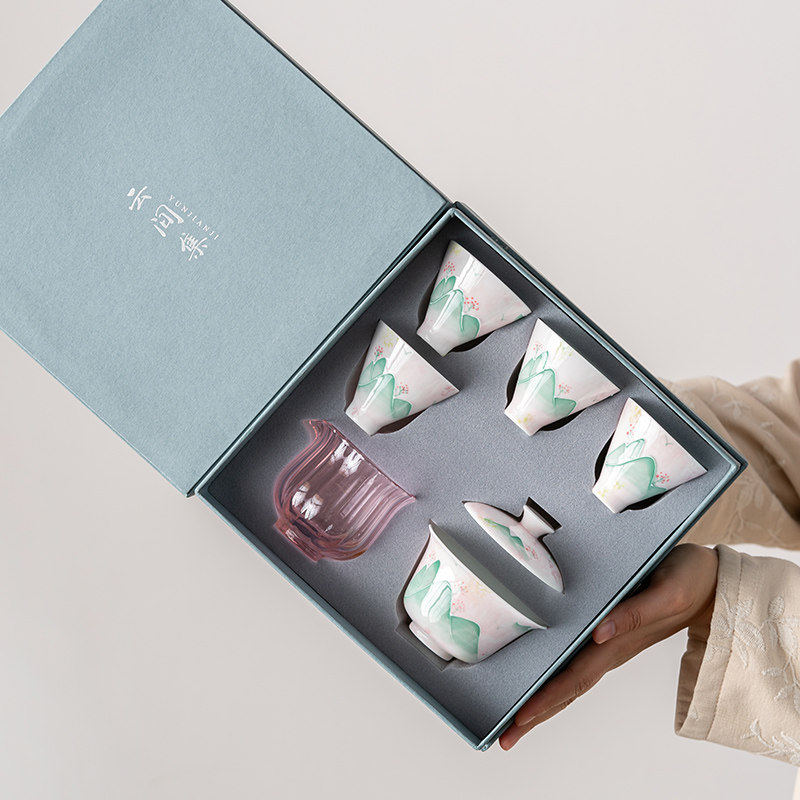 青山粉黛二才盖碗礼装陶瓷旅行茶具套装礼盒装新中式功夫茶具
