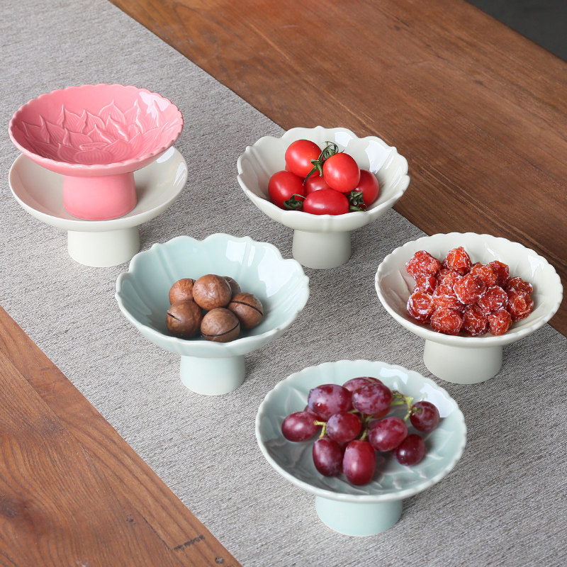 禅意高足莲花高脚果盘供佛果篮家用茶点盘点心水果碟盘陶瓷中式