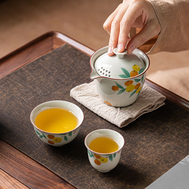 草木灰手绘枇杷快客杯一壶二杯功夫旅行茶具便携式收纳包旅游