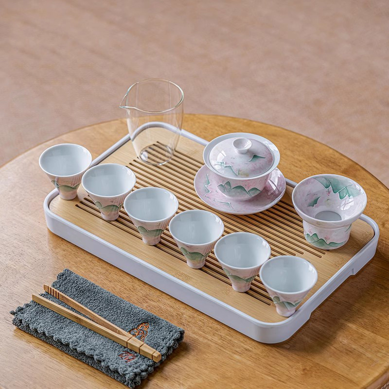 釉下彩手绘粉黛远山陶瓷茶具套装整套家用泡茶器茶具礼盒装