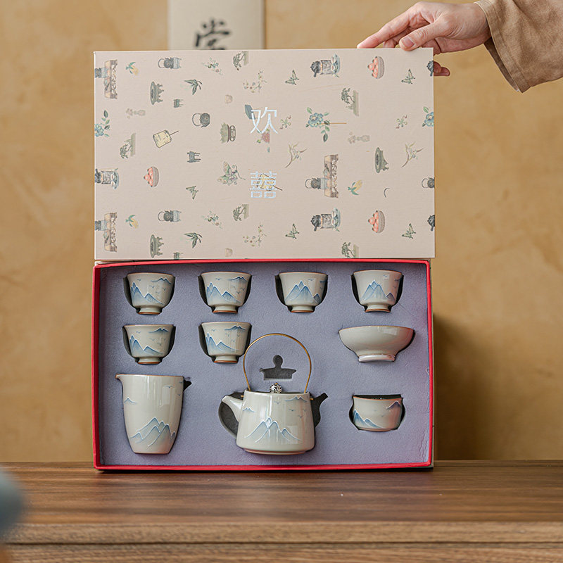 草木灰手绘提梁壶功夫茶具茶壶套装家用客厅喝茶杯带茶盘整套