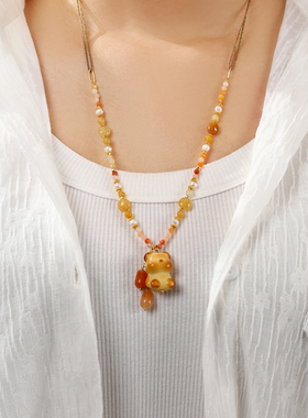 设计师款象牙果无脸熊串珠项链