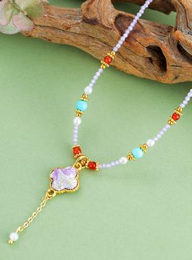 珞石宋锦紫水晶流苏锁骨链项链女