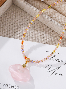 珞石粉色猫眼石祥云锁骨链项链女