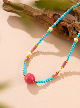 珞石绿松石红纹石转运珠锁骨链女