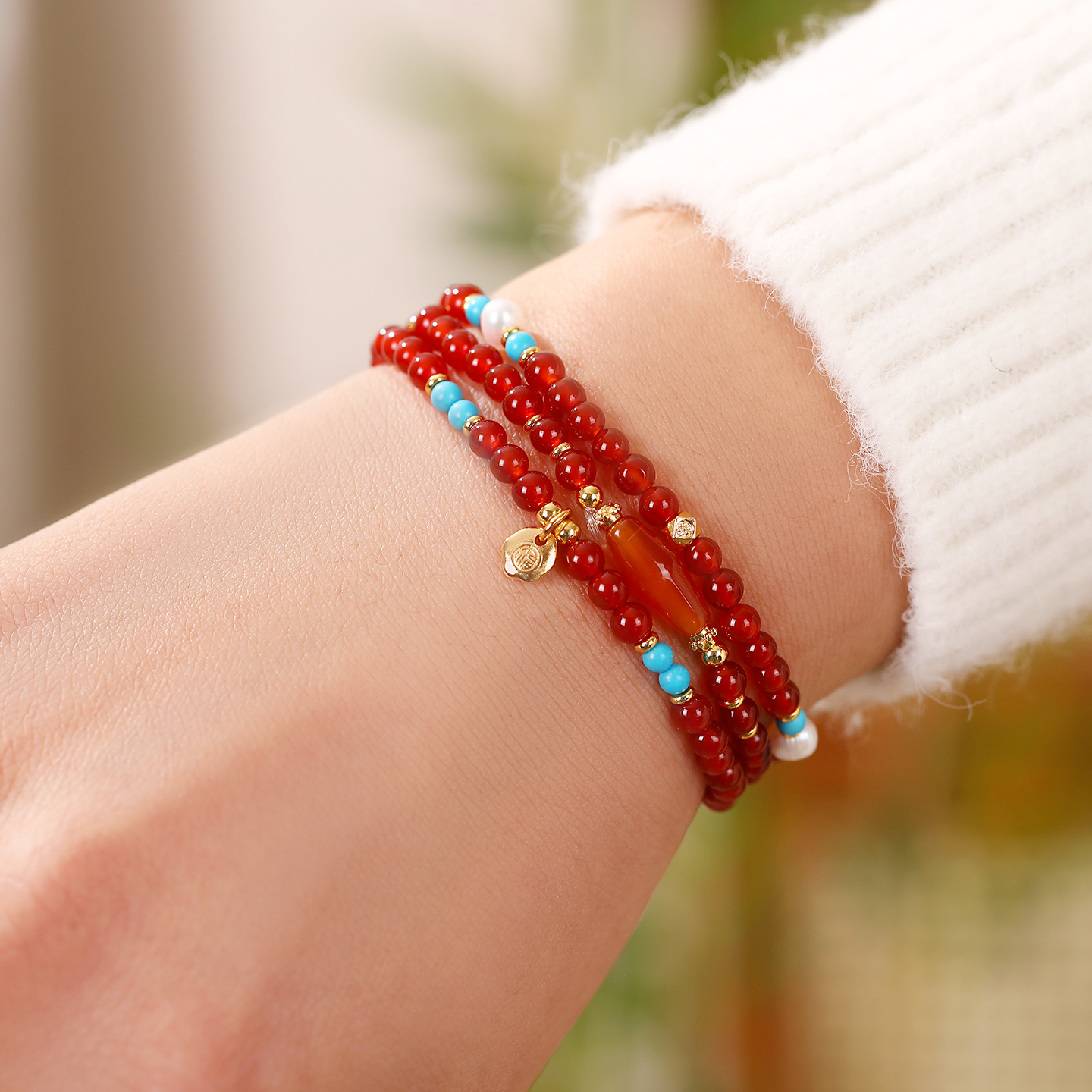 天然红玛瑙手链女多圈叠戴款手串