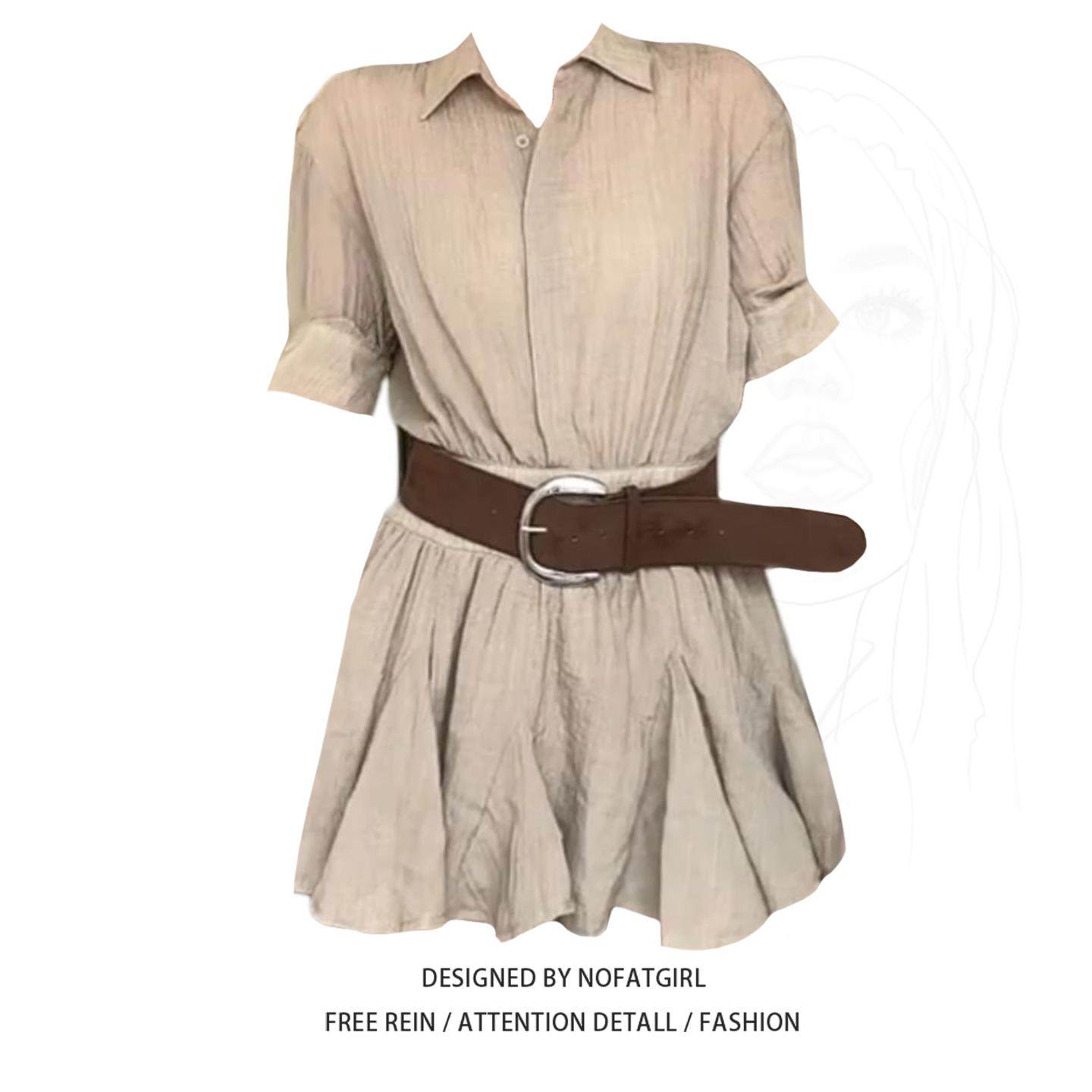 大尺码胖妹妹高级感法式翻领短袖衬衫洋装女夏季气质收腰百褶短裙