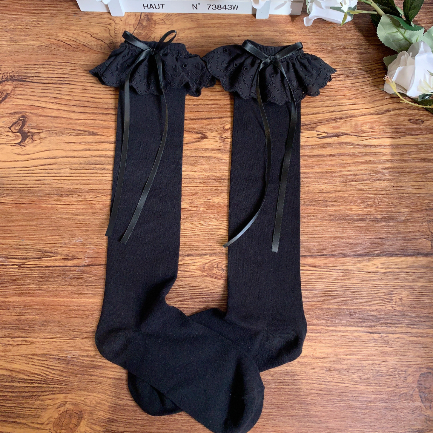 【88包邮】丝带花边袜小腿甜心曲奇原创黑白纯棉lolita蝴蝶结可爱