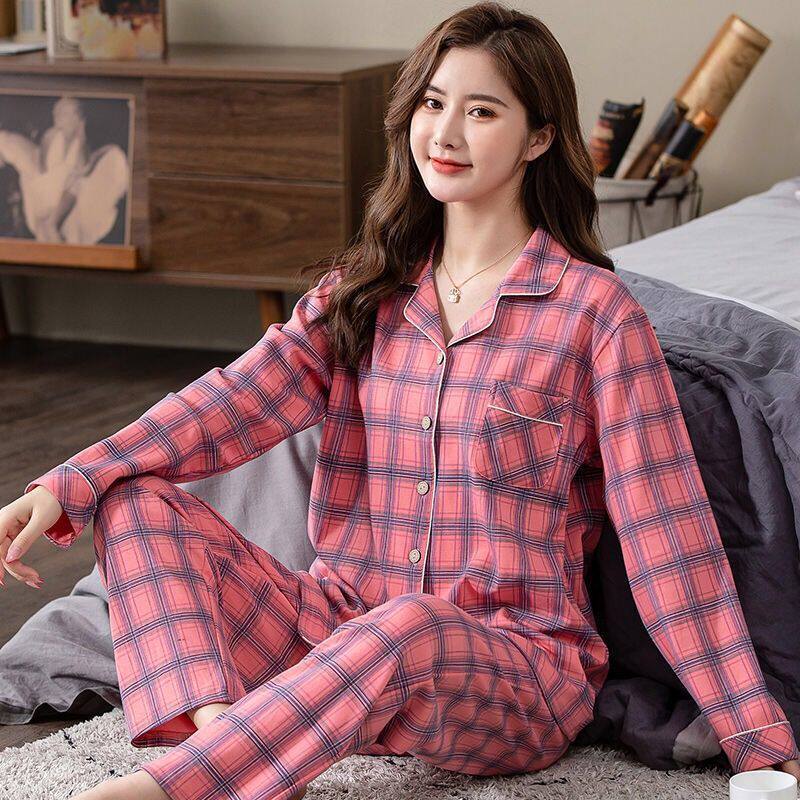 100%纯棉睡衣女春秋款长袖中年妈妈大码开衫套装中老年妇女