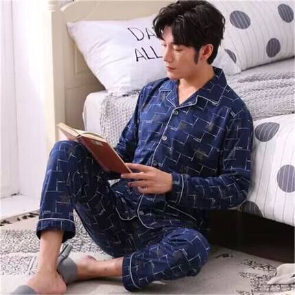 春秋男士睡衣长袖薄款100%纯棉夏季青少年家居服套装大码可外出