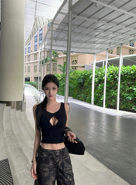 夏媛原创 女团打歌 黑色镂空背心2025夏季新款性感修身无袖上衣女