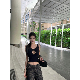 夏媛原创 女团打歌 黑色镂空背心2025夏季新款性感修身无袖上衣女