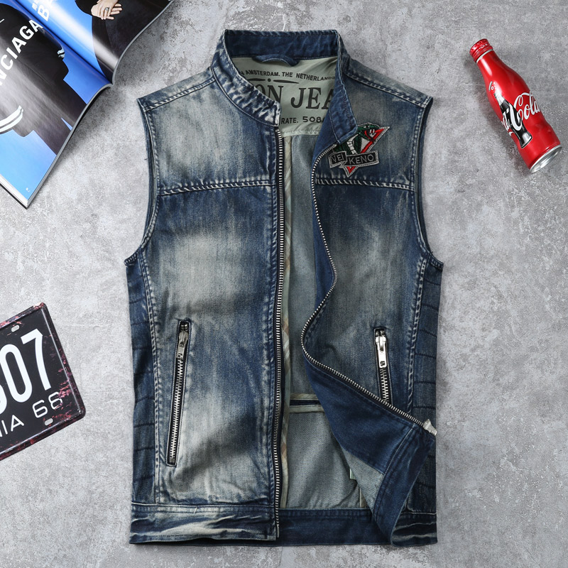 新款立领水洗牛仔男休闲无袖马甲