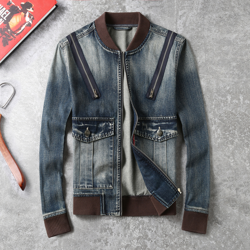 卡威酷  水洗磨白牛仔夹克春秋休闲韩版潮流修身型男棒球领罗纹袖