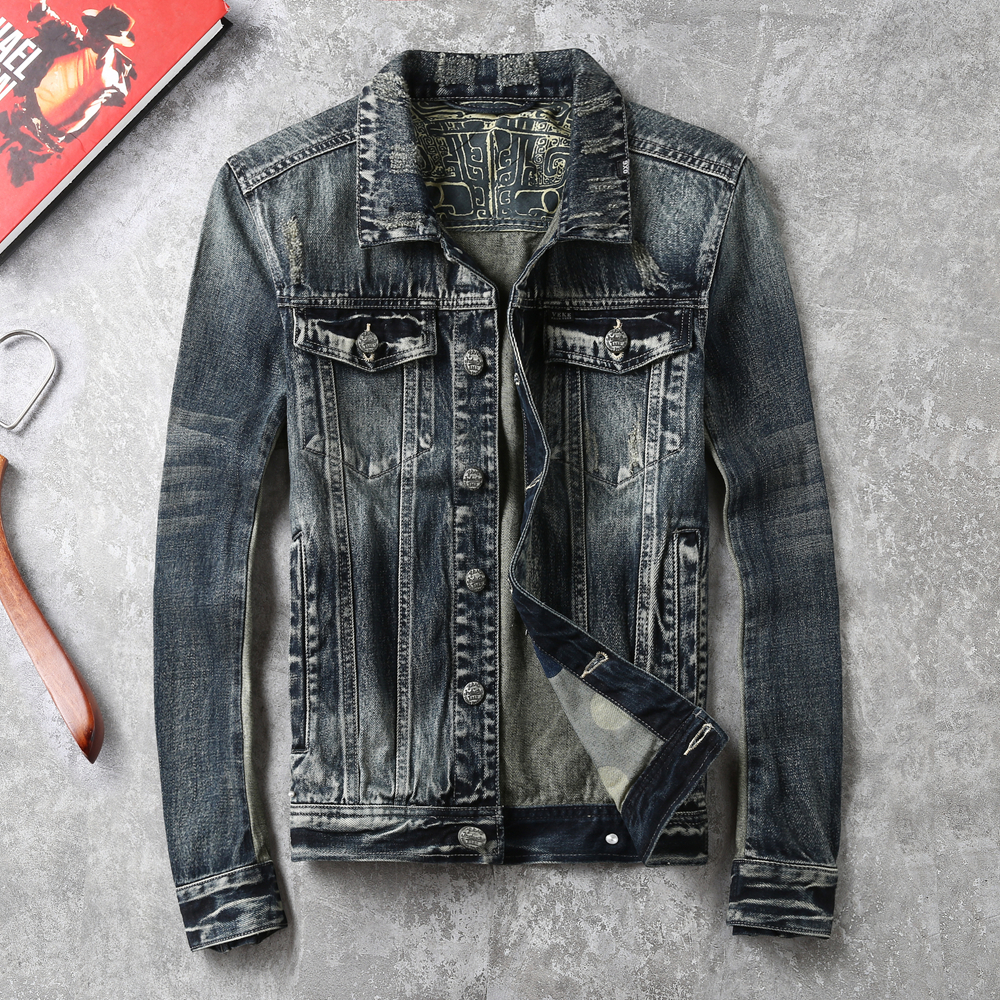 卡威酷 水洗磨白牛仔夹克上衣春秋男士潮牌怀旧破洞修身拼接外套