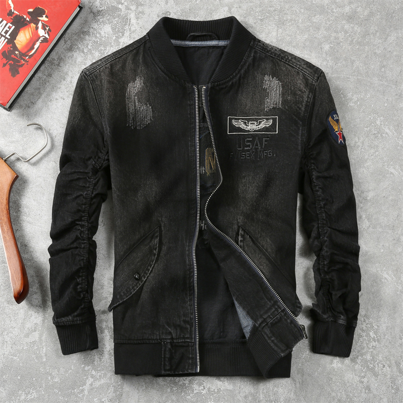 卡威酷黑色牛仔飞行服夹克