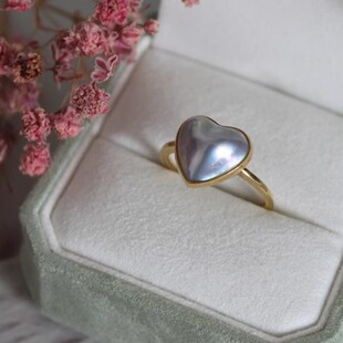18K黄金小清新爱心星空蓝高亮泽无暇海水马贝珍珠戒指简约精致款