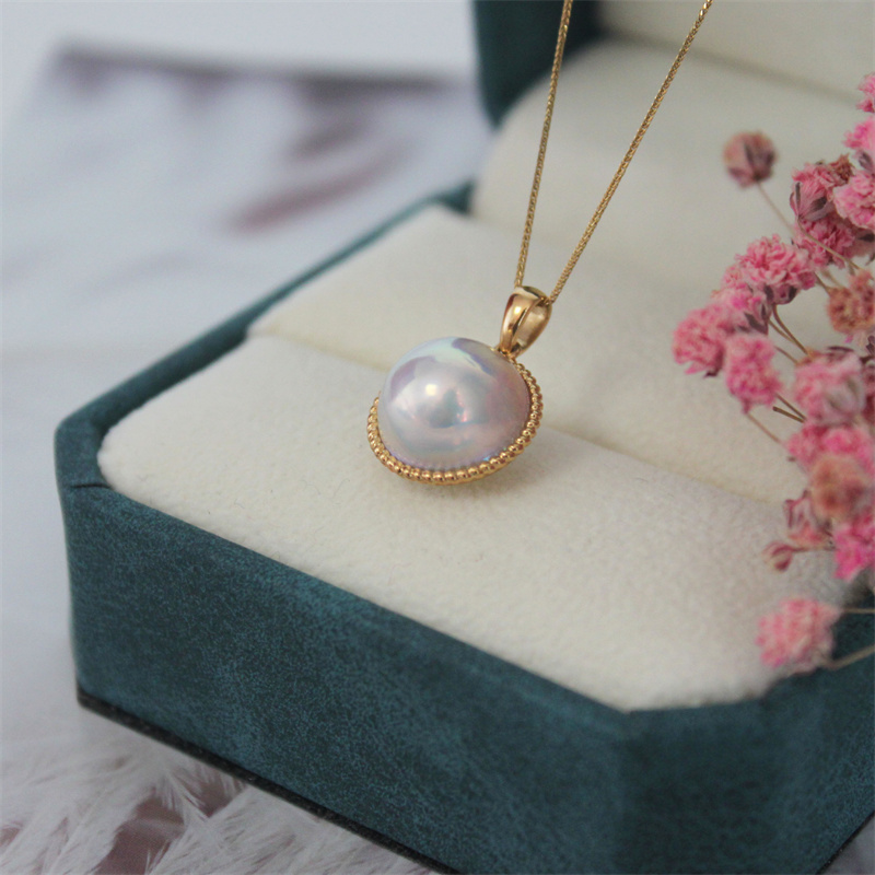 18K黄金色炫彩海水马贝珍珠吊坠挂件饱满圆麻花镶小清新颈链正品