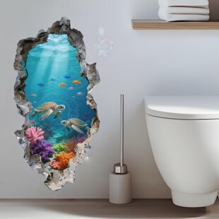 仿真破洞海底世界平面贴纸海豚鲨鱼蓝色海洋墙贴浴室防水自粘贴画