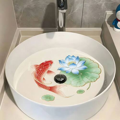 鲤鱼戏莲喜气洋洋装饰美化洗手池洗手盆贴纸自粘防水遮丑遮痕贴画