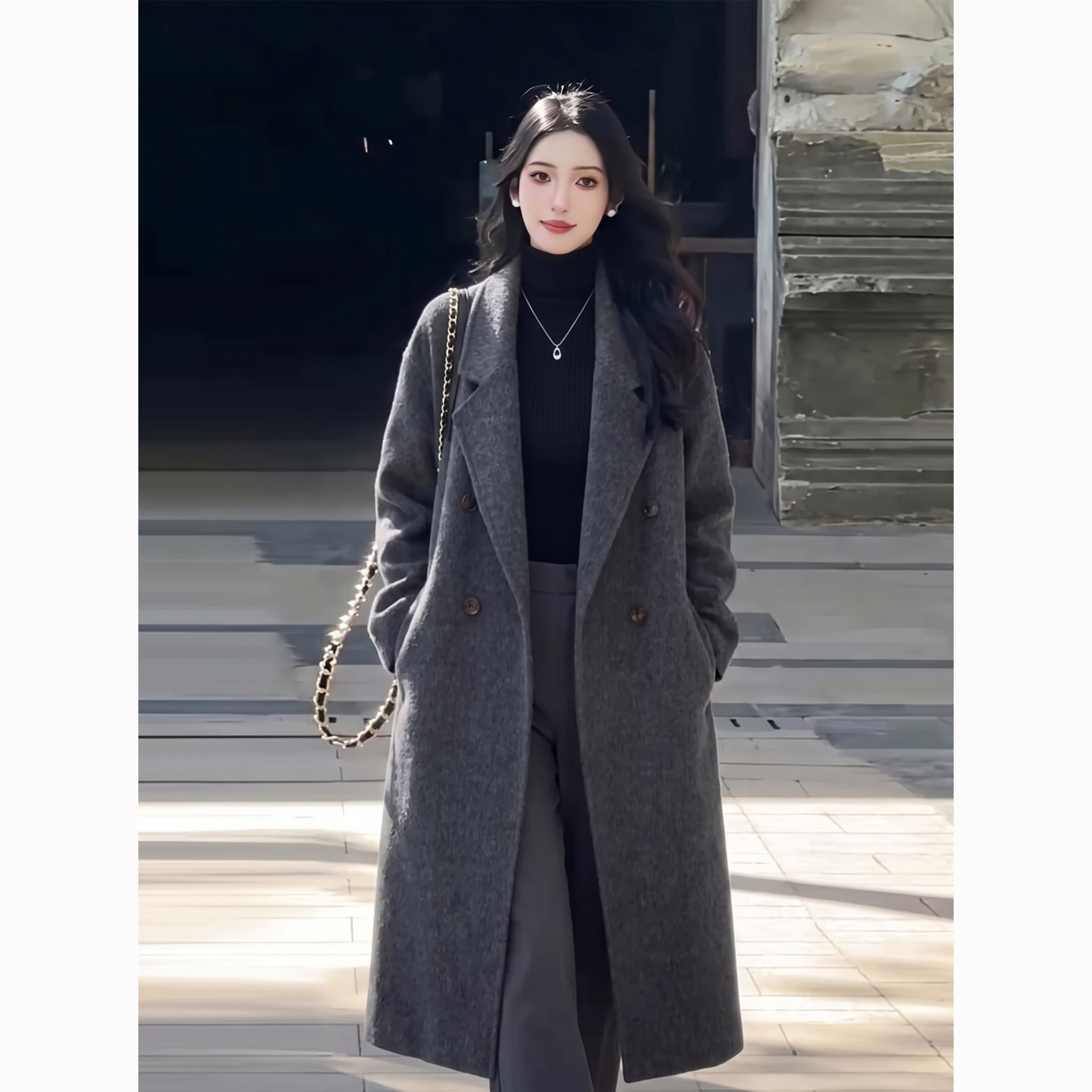 深灰双面羊绒女大衣秋冬显气质