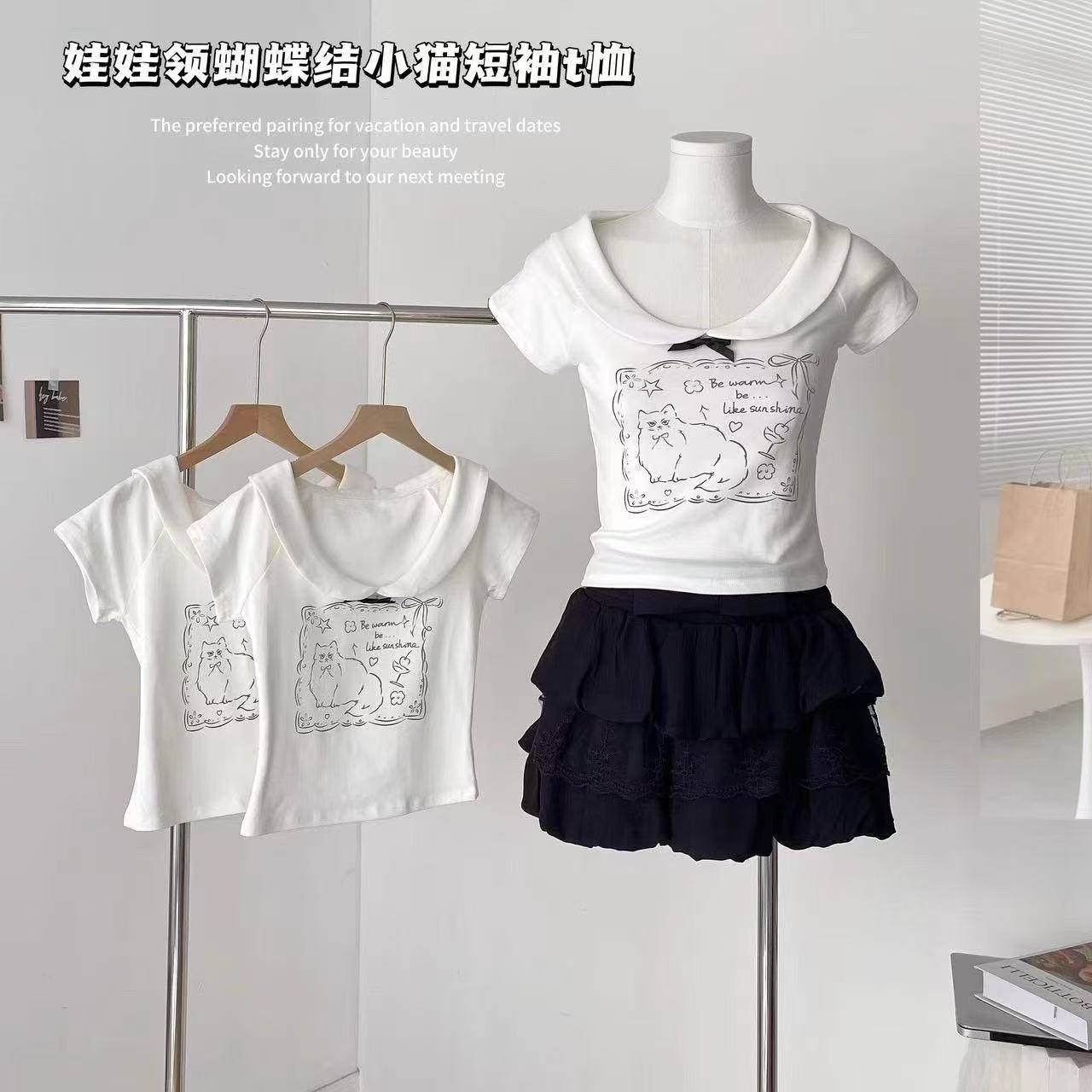 韩系白色可爱小猫正肩短袖T恤女