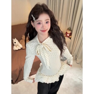上衣 显瘦打底衫 白色波点韩系带蝴蝶结花边长袖 T恤女秋冬内搭修身