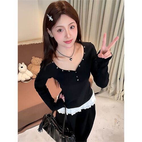 【宋正恩】辣妹V领铆钉长袖t恤女