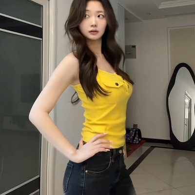夏季辣妹黄色口袋短款吊带背心女