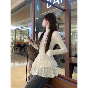 半高领修身 T恤女秋冬新款 显瘦百搭上衣 打底衫 芭蕾风蕾丝花边长袖