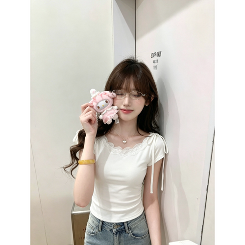 【鹿向南】蕾丝拼接绑带短袖女装