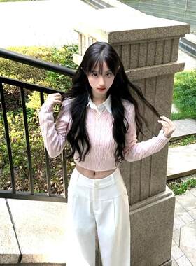 粉色v领麻花软糯毛衣女早秋内搭修身显瘦针织衫短款chic甜辣上衣