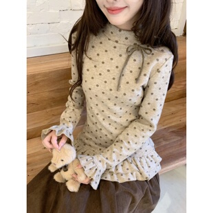 洋气显瘦上衣 修身 韩系复古波点蝴蝶结花边下摆长袖 T恤女秋冬新款