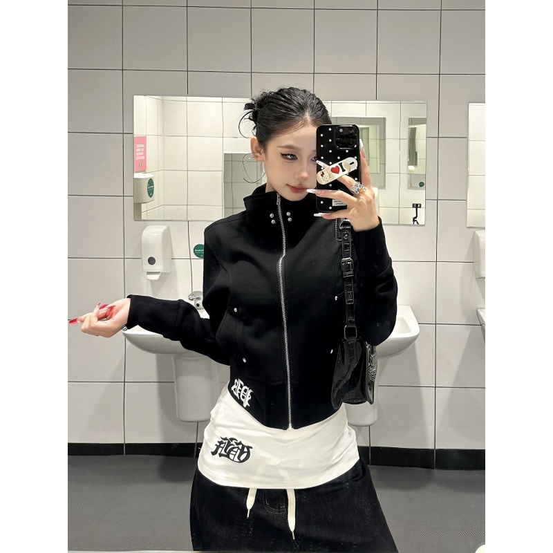 美式辣妹潮牌十字架印花立领外套