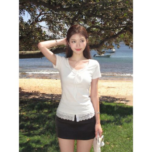 蕾丝绑带拼接修身显瘦辣妹上衣女