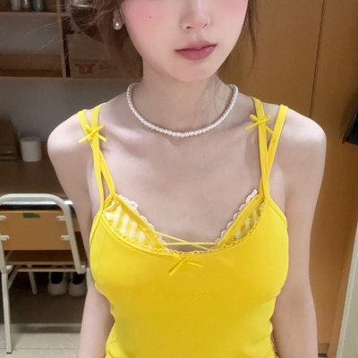 蕾丝格子吊带背心带胸垫两件套