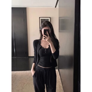 韩系休闲套装女秋季新款慵懒穿搭黑色长袖开衫吊带显瘦上衣两件套