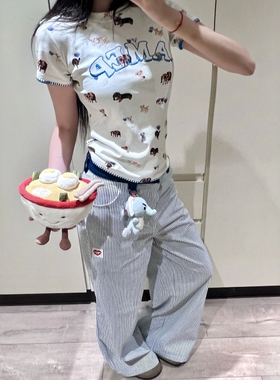 美式辣妹修身显瘦满印猫爪圆领短袖T恤女2025夏季新款百搭上衣潮