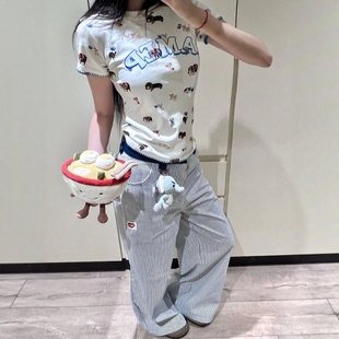 新款 美式 T恤女2025夏季 辣妹修身 百搭上衣潮 显瘦满印猫爪圆领短袖