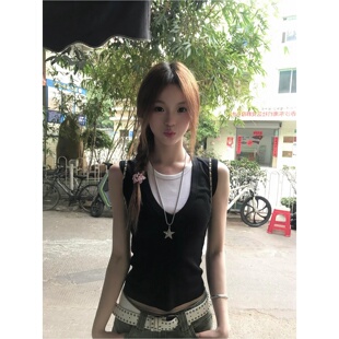 显瘦百搭无袖 修身 外穿上衣 新款 假两件撞色拼接辣妹吊带背心女夏季