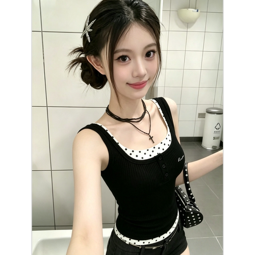 【柏黛妃】波点假两件吊带背心女