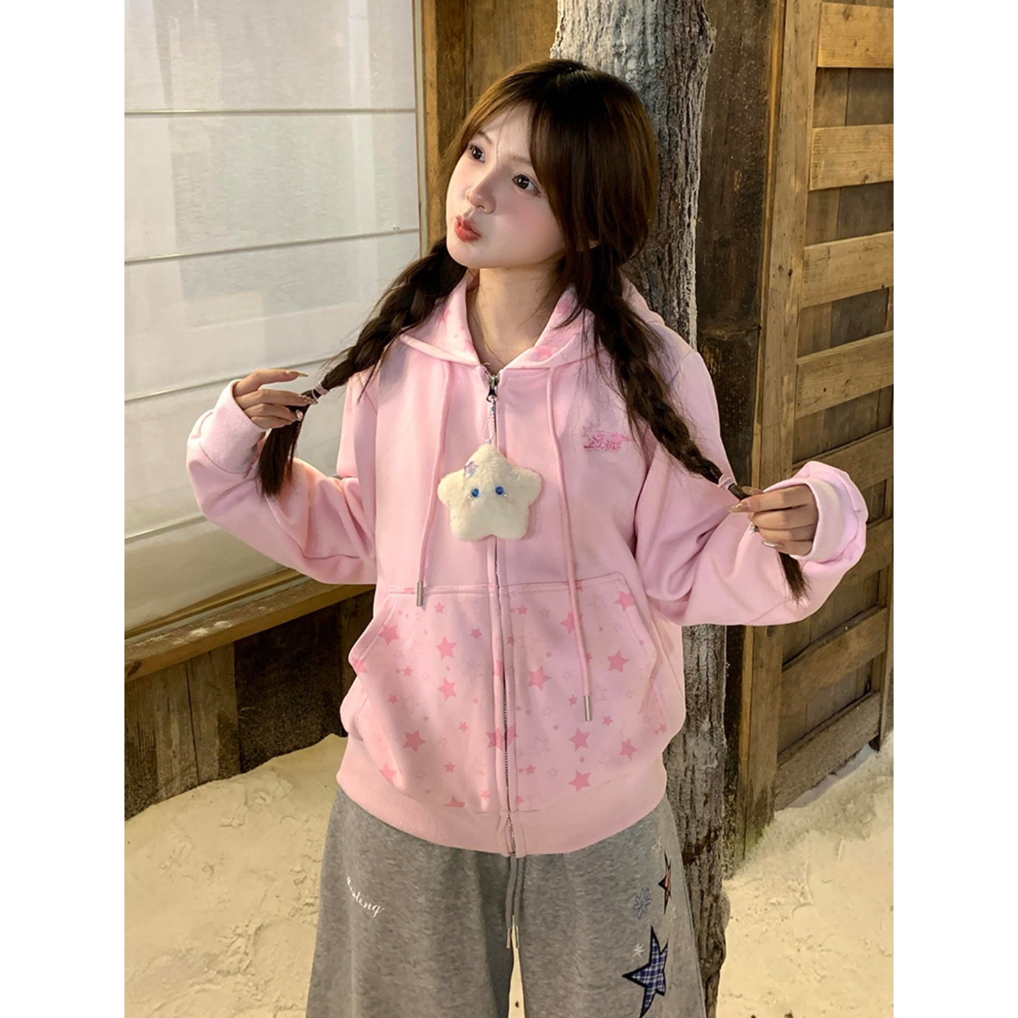 甜美减龄星星印花连帽开衫外套女