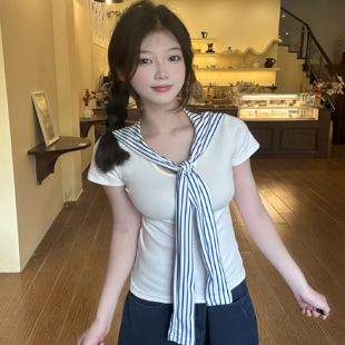 高街海军领短袖 2025新款 美式 正肩t恤女夏季 上衣 独特修身 显瘦短款