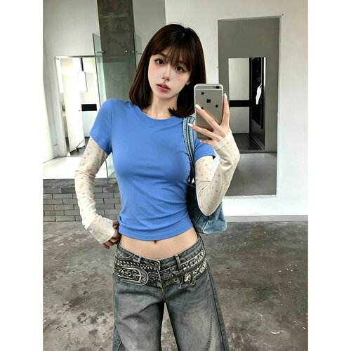 【陈钱罐】假两件撞色长袖T恤女