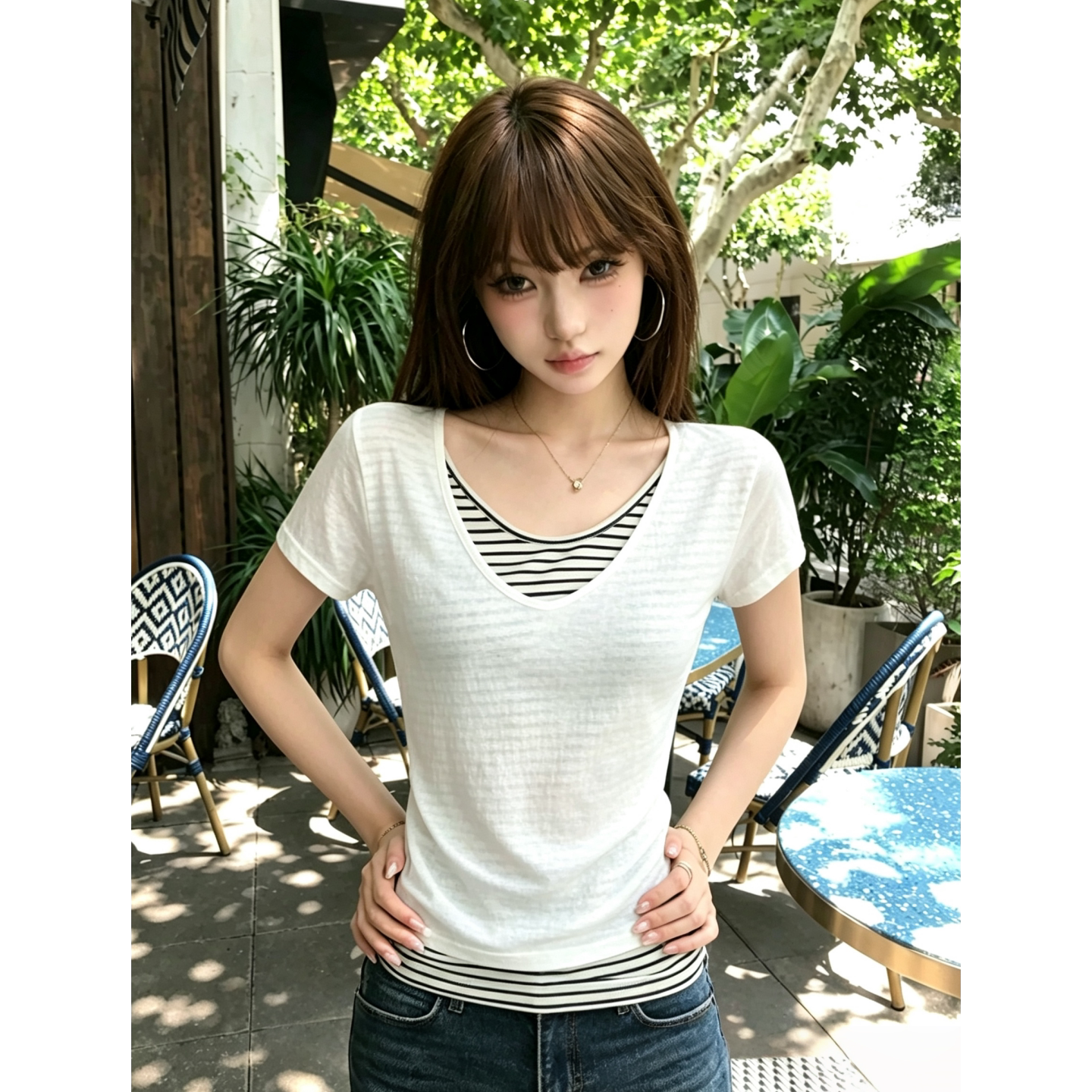 【宋正恩】黑白条纹假两件T恤女图片