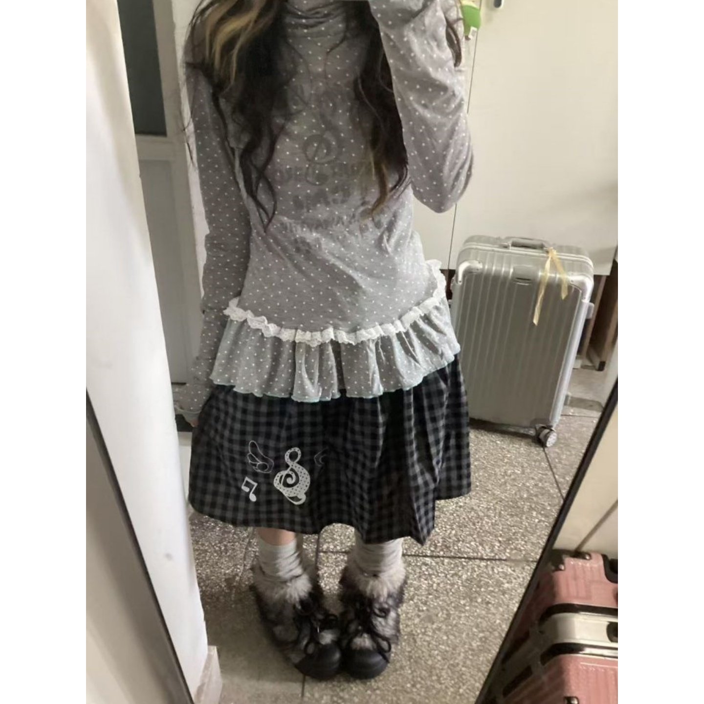 美式复古波点印花长袖T恤女秋季新款修身显瘦堆堆领百搭上衣ins潮