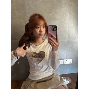 上衣 圆领T恤女春秋新款 波点修身 显瘦爱心木耳边设计猫咪印花长袖