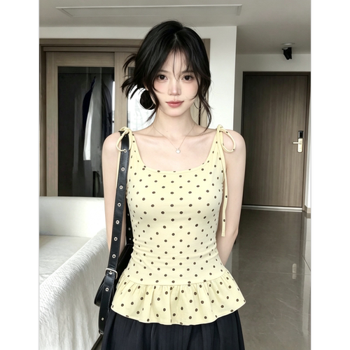 【沐桃】黄色波点绑带吊带背心女