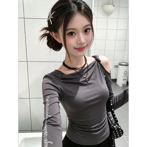 【谢不肉】荡领印花长袖T恤女装