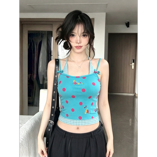 甜辣妹挂脖吊带背心女夏季波点小翅膀音符刺绣修身显瘦辣妹短上衣